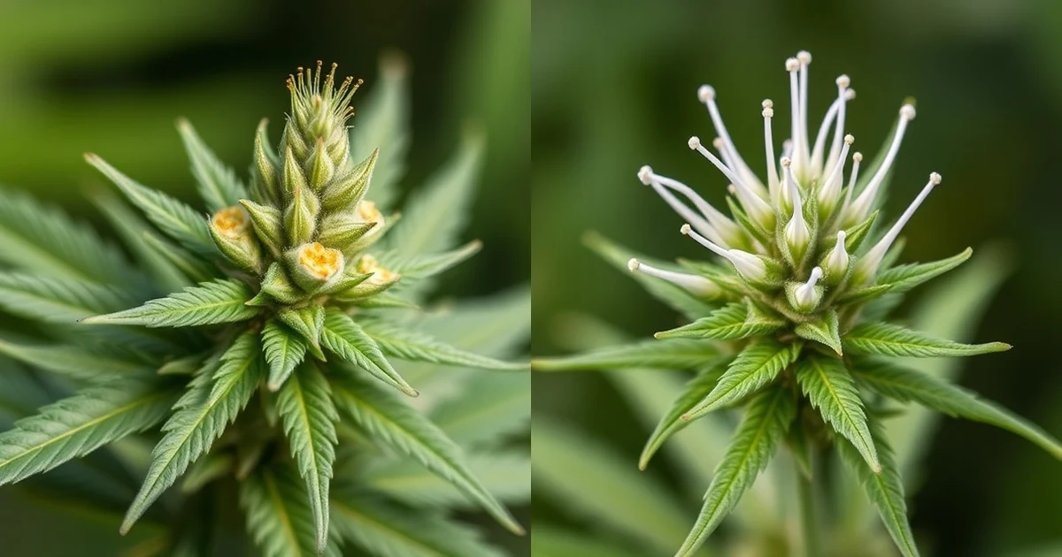 Male cannabis plant pollen sacs vs female cannabis plant pistils