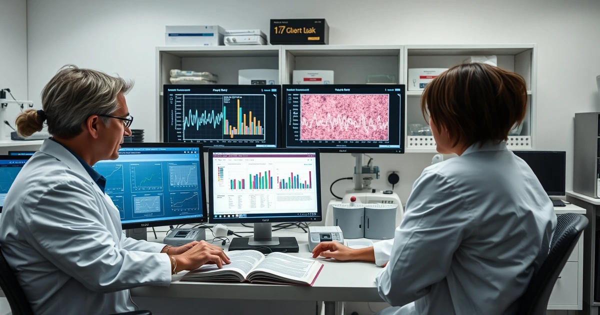 Medical research laboratory with scientists reviewing Lancet clinical study data