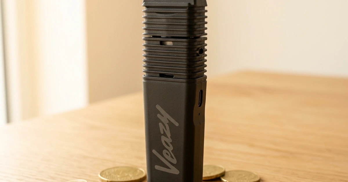 Storz Bickel VEAZY Vaporizer Review 2026 — entry-level S&B portable vaporizer on wooden table with Euro coins